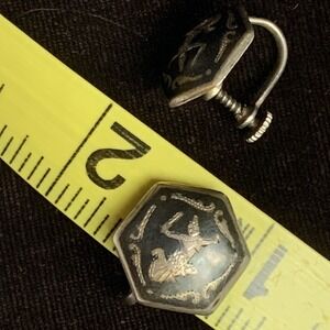 VTG Sterling Silver 925 Niello Siam Dancers Enamel Screw Back Earrings Hexagon